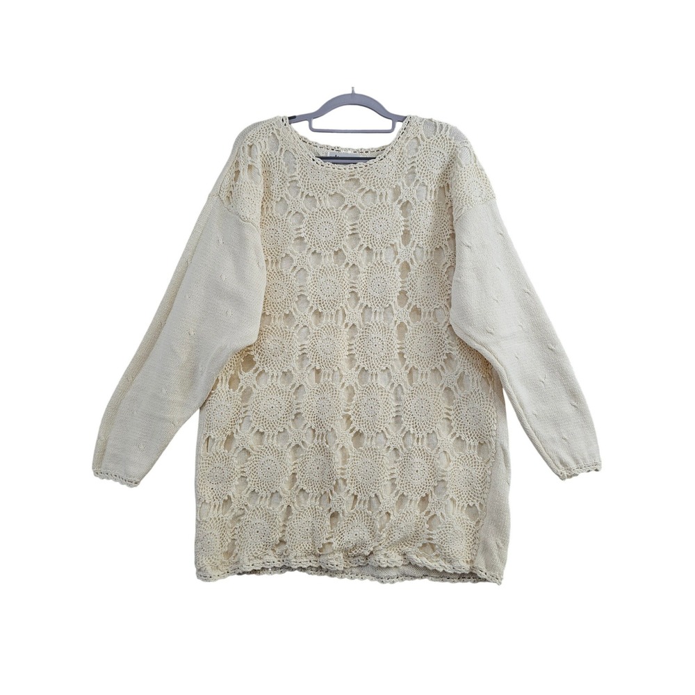 Celina Yang VTG Crochet Sweater Womens 3X Cream Solid Knit Long Sleeve Oversized
